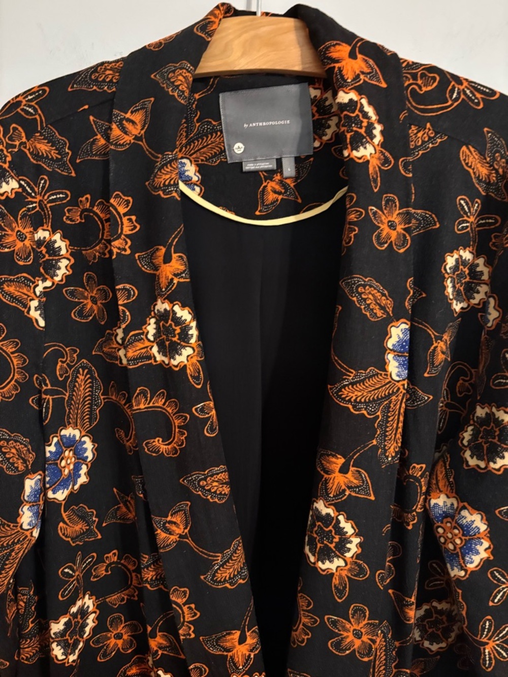 Anthropologie Black Floral Duster Coat with Orange & Blue Accents - Picture 7 of 13